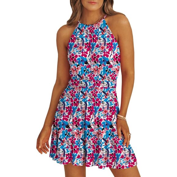 Women Summer Floral Sundress Sleeveless Summer Mini Swing Dresses with Pockets - Picture 1 of 8